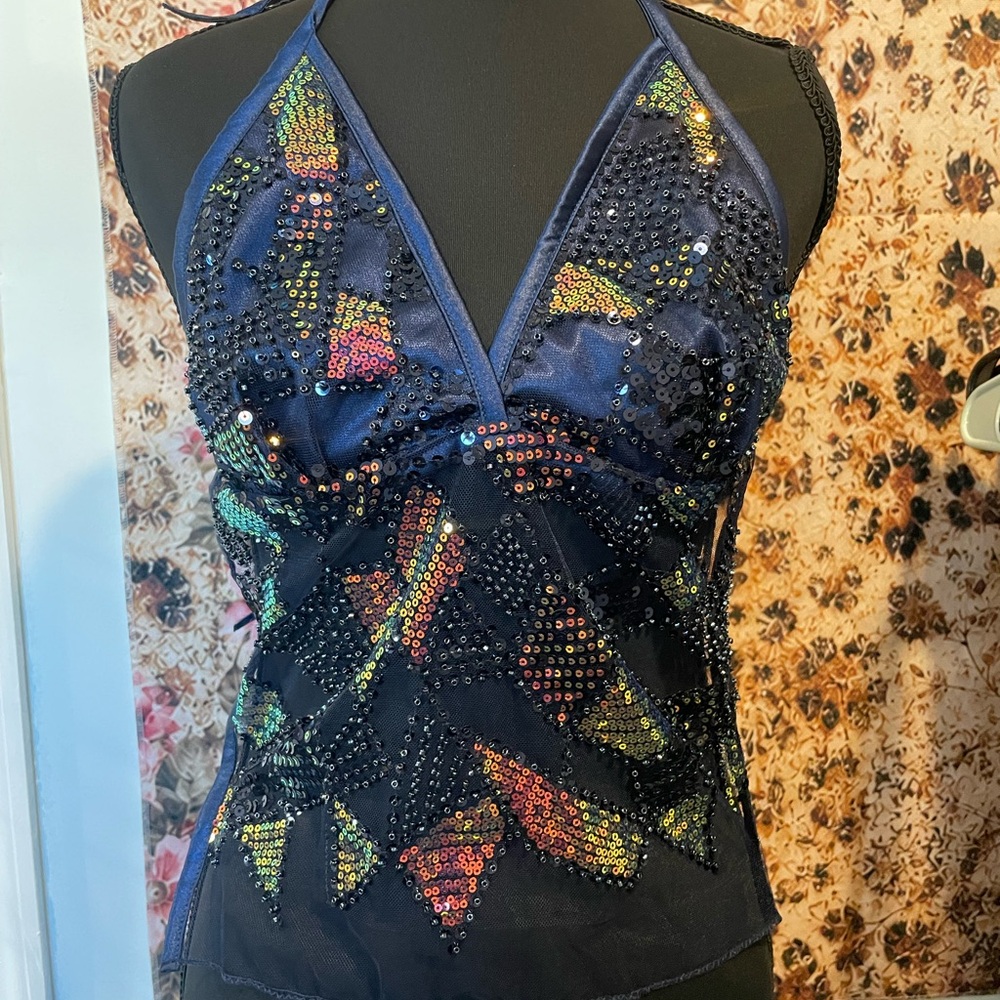 Sequin Embellished Navy Halter Neck Blouse